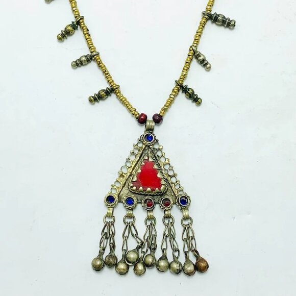 Vintage Triangular Amulet Style Pendant Necklace, Beaded Chain Necklace - Picture 8 of 13